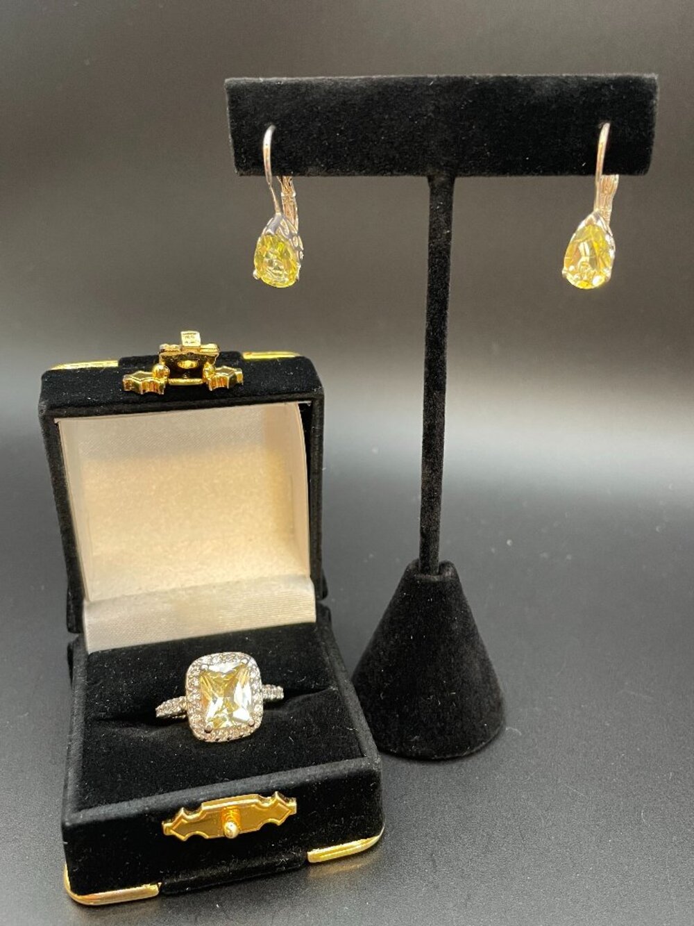 Canary Yellow CZ Ring and Teardrop Earring Set